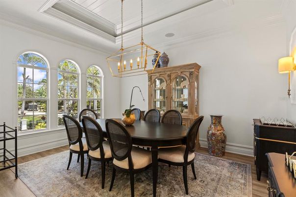 Dining room, Interior, Pendant Lights, Wood Texture Flooring
