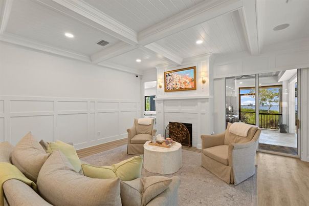 Fireplace, Interior, Living room, Recessed Lighting, Wood Texture Flooring