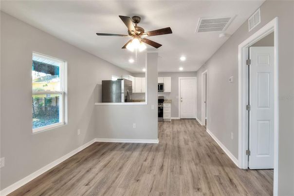 Empty room, Interior, Kitchen, Recessed Lighting, Wood Texture Flooring