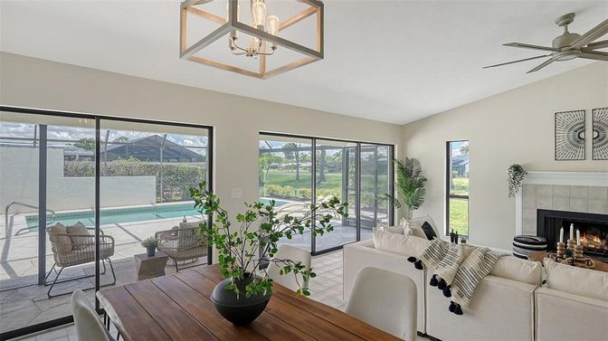 Dining room, Fireplace, Interior, Living room, Sun Room
