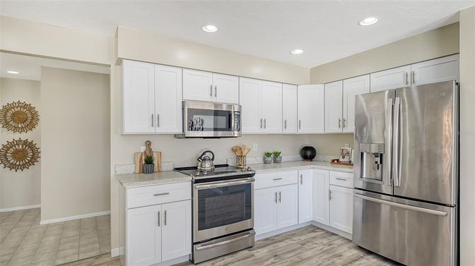 Interior, Kitchen, Recessed Lighting, Stainless Steel Appliances, Wood Texture Flooring