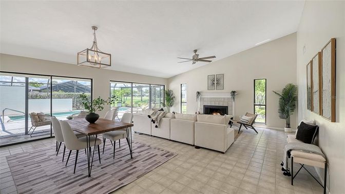 Dining room, Fireplace, Interior, Living room, Pendant Lights