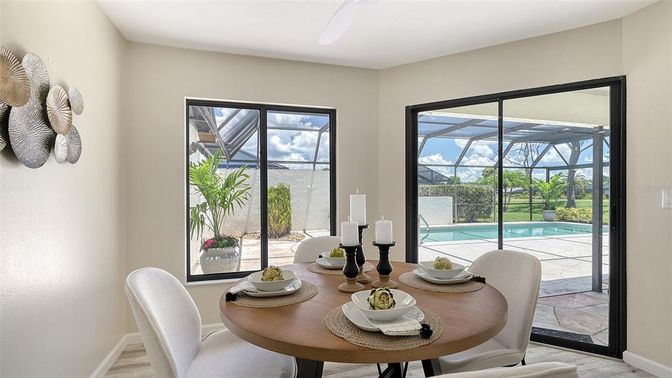 Dining room, Glass Ceilings, Interior, Pool, Sun Room, Wood Texture Flooring
