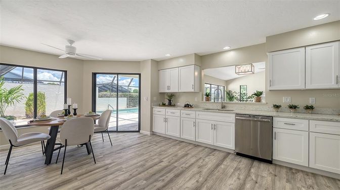 Dining room, Interior, Kitchen, Recessed Lighting, Wood Texture Flooring