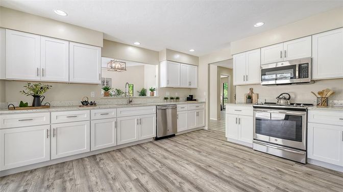 Interior, Kitchen, Recessed Lighting, Stainless Steel Appliances, Wood Texture Flooring