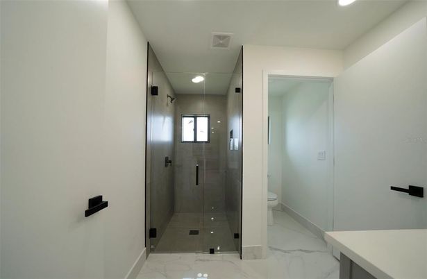 Bathroom, Glass Shower, Interior, Marble, Recessed Lighting