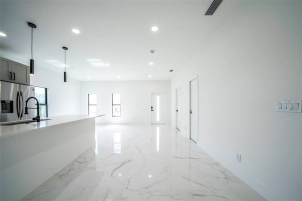 Interior, Kitchen, Marble, Pendant Lights, Recessed Lighting