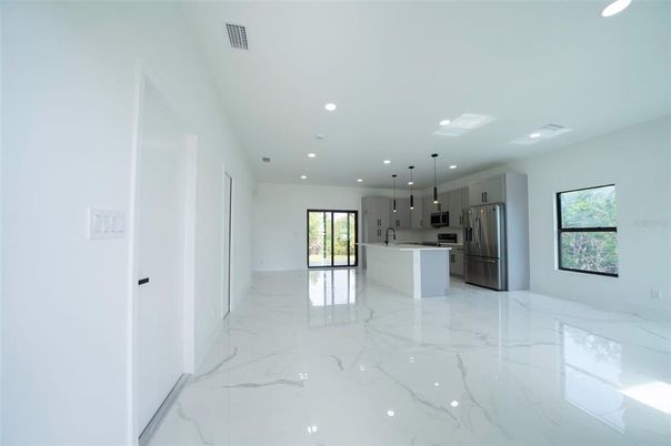 Interior, Kitchen, Marble, Pendant Lights, Recessed Lighting, Stainless Steel Appliances