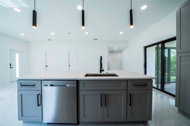 Interior, Kitchen, Marble, Pendant Lights, Recessed Lighting, Stainless Steel Appliances