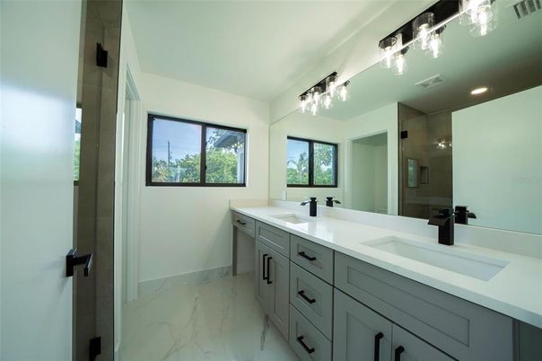 Bathroom, Dual Sink Vanities, Interior, Marble, Recessed Lighting