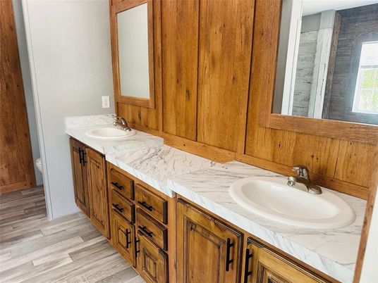 Bathroom, Dual Sink Vanities, Interior, Wood Texture Flooring