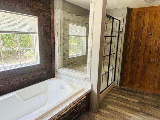 Bathroom, Glass Shower, Interior, Wood Texture Flooring