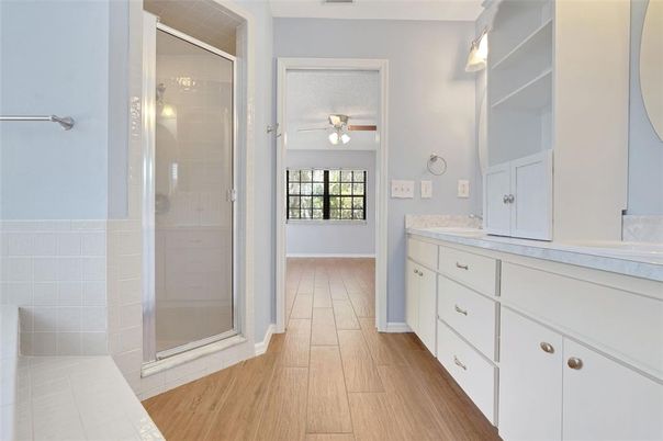 Bathroom, Glass Shower, Interior, Wood Texture Flooring