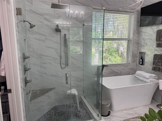 Bathroom, Free Standing Baths, Glass Shower, Interior, Marble, Marble Walls