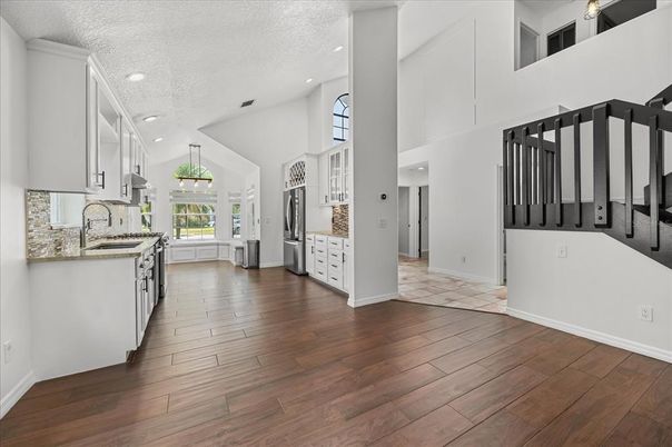 Interior, Kitchen, Pendant Lights, Recessed Lighting, Wood Texture Flooring