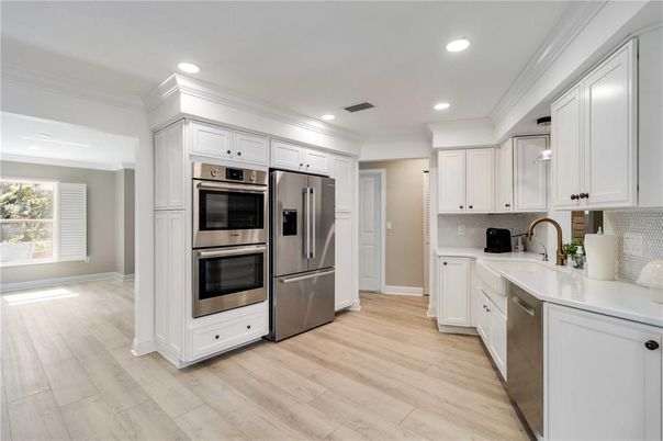 Interior, Kitchen, Recessed Lighting, Stainless Steel Appliances, Wood Texture Flooring
