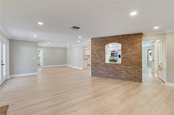 Empty room, Interior, Recessed Lighting, Stone Walls, Wood Texture Flooring