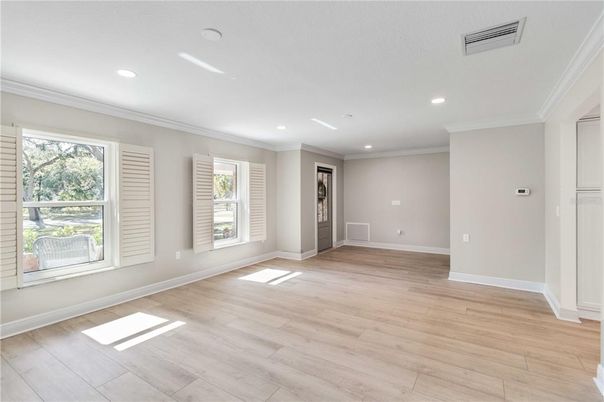 Empty room, Interior, Recessed Lighting, Wood Texture Flooring