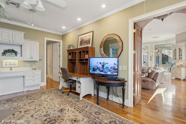 Chandelier, Home Office, Interior, Recessed Lighting, Wood Texture Flooring