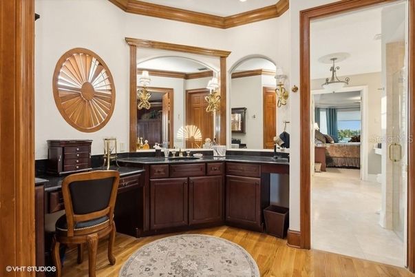 Bathroom, Chandelier, Interior, Recessed Lighting, Wood Texture Flooring
