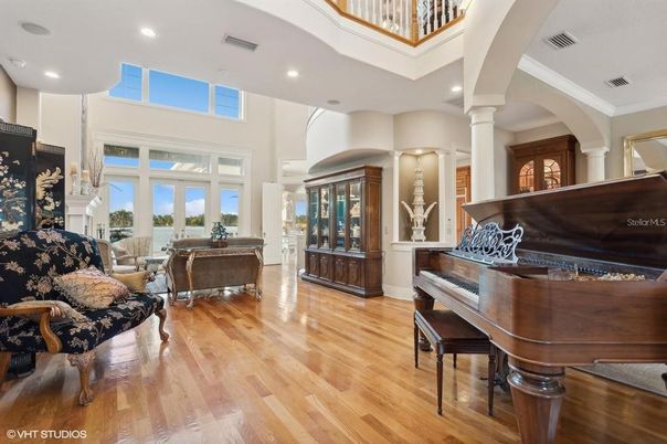 Interior, Living room, Piano, Recessed Lighting, Wood Texture Flooring