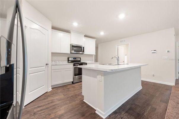 Interior, Kitchen, Recessed Lighting, Stainless Steel Appliances, Wood Texture Flooring