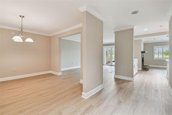 Empty room, Fireplace, Interior, Pendant Lights, Recessed Lighting, Wood Texture Flooring