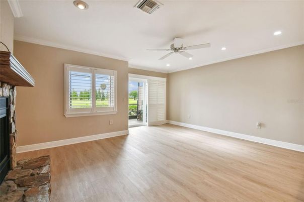 Empty room, Fireplace, Interior, Recessed Lighting, Wood Texture Flooring