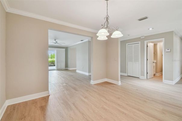 Empty room, Interior, Pendant Lights, Recessed Lighting, Wood Texture Flooring