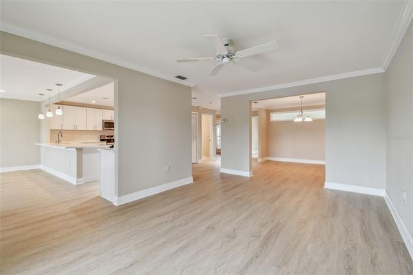 Empty room, Interior, Kitchen, Pendant Lights, Recessed Lighting, Wood Texture Flooring
