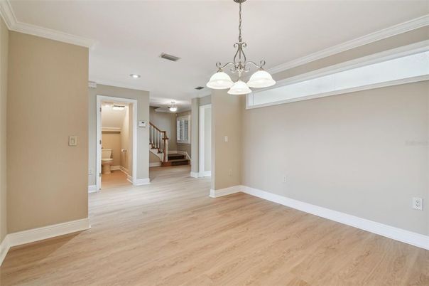 Chandelier, Empty room, Interior, Pendant Lights, Recessed Lighting, Wood Texture Flooring