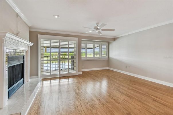 Empty room, Fireplace, Interior, Recessed Lighting, Wood Texture Flooring