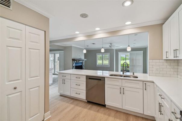 Interior, Kitchen, Pendant Lights, Recessed Lighting, Stainless Steel Appliances, Wood Texture Flooring