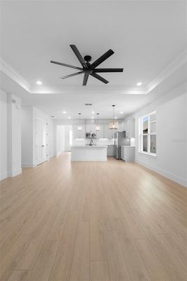 Empty room, Interior, Kitchen, Pendant Lights, Recessed Lighting, Wood Texture Flooring