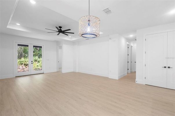 Chandelier, Empty room, Interior, Recessed Lighting, Wood Texture Flooring