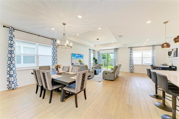 Chandelier, Dining room, Interior, Living room, Pendant Lights, Recessed Lighting, Wood Texture Flooring