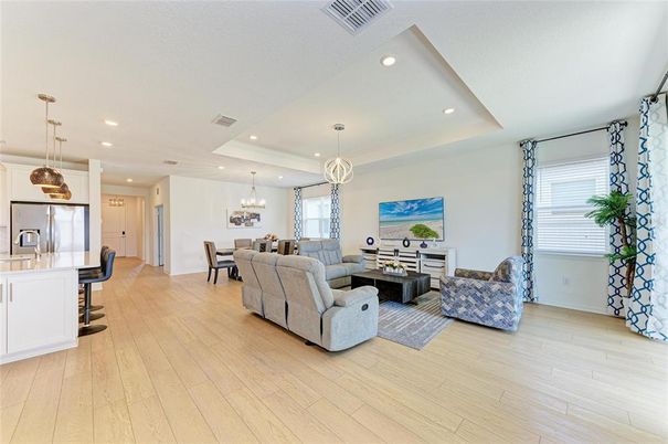 Chandelier, Dining room, Interior, Kitchen, Living room, Pendant Lights, Recessed Lighting, Wood Texture Flooring