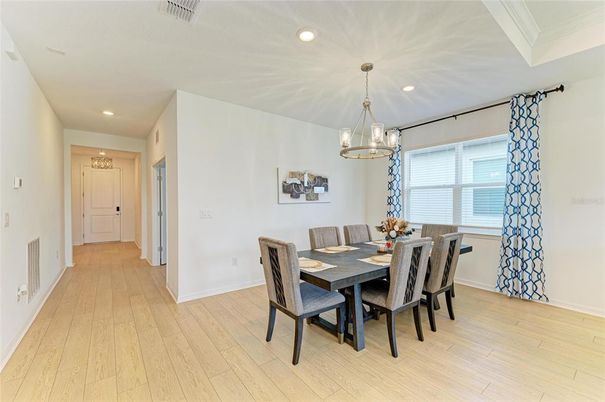 Dining room, Interior, Pendant Lights, Recessed Lighting, Wood Texture Flooring