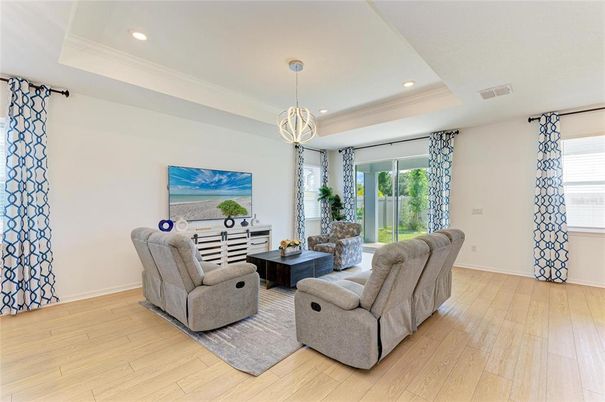 Interior, Living room, Pendant Lights, Recessed Lighting, Wood Texture Flooring