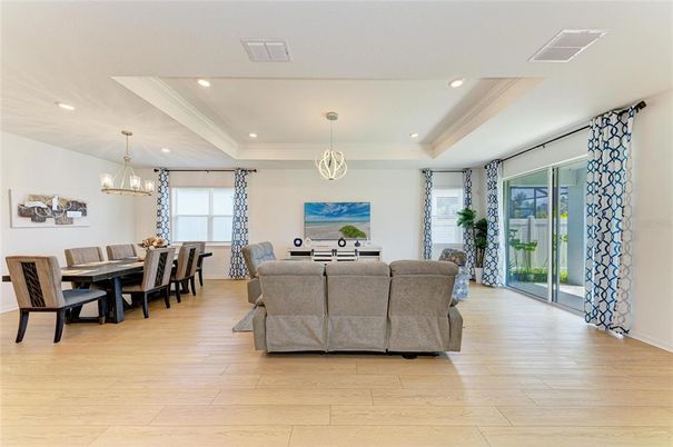 Chandelier, Dining room, Interior, Living room, Pendant Lights, Recessed Lighting, Wood Texture Flooring