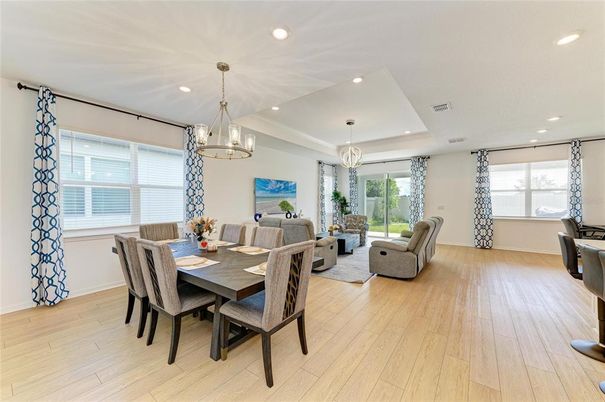 Chandelier, Dining room, Interior, Living room, Pendant Lights, Recessed Lighting, Wood Texture Flooring