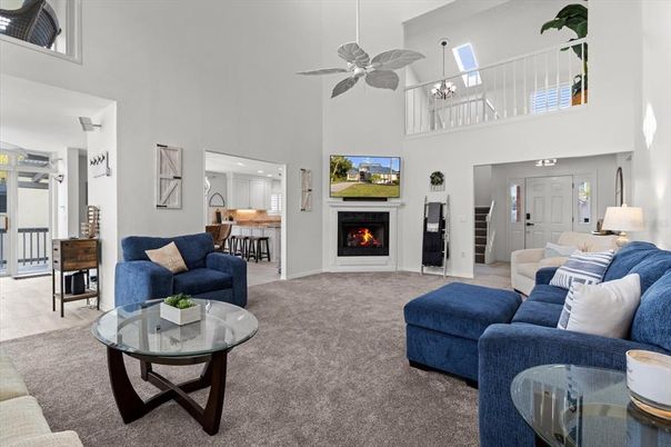 Dining room, Fireplace, Interior, Kitchen, Living room, Pendant Lights, Recessed Lighting