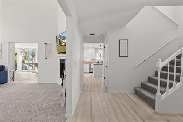 Fireplace, Interior, Kitchen, Pendant Lights, Recessed Lighting, Wood Texture Flooring