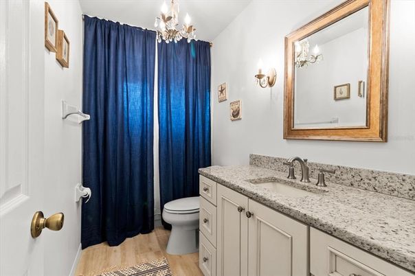 Bathroom, Chandelier, Interior, Wood Texture Flooring
