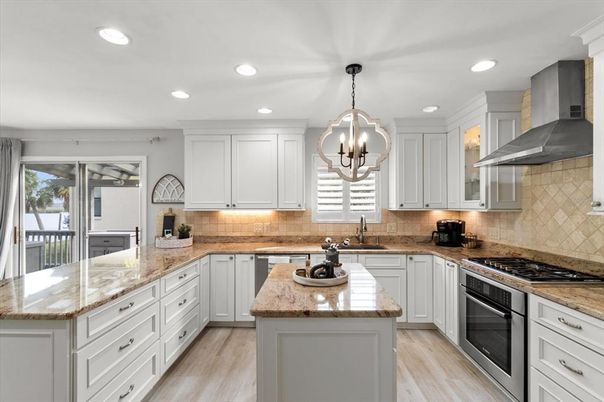 Chandelier, Interior, Kitchen, Pendant Lights, Recessed Lighting, Stainless Steel Appliances, Wood Texture Flooring