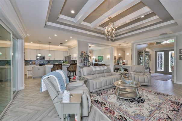 Chandelier, Interior, Kitchen, Living room, Pendant Lights, Recessed Lighting, Wood Texture Flooring