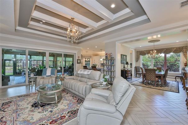Chandelier, Dining room, Interior, Living room, Pendant Lights, Recessed Lighting, Wood Texture Flooring