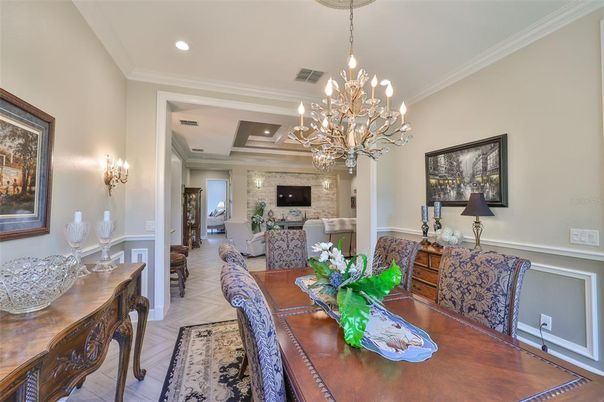 Chandelier, Dining room, Interior, Living room, Recessed Lighting, Wood Texture Flooring