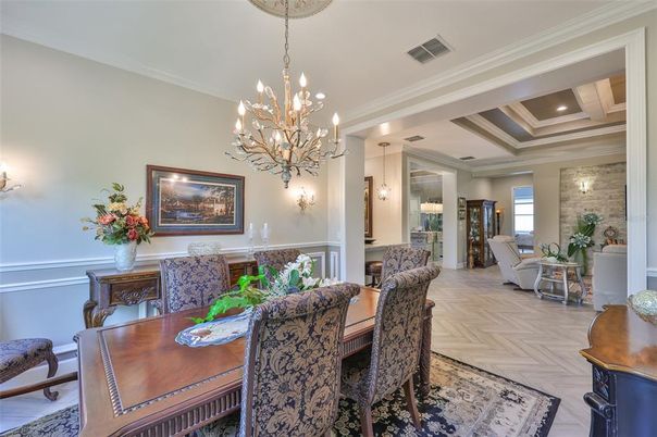 Chandelier, Dining room, Interior, Living room, Pendant Lights, Recessed Lighting, Wood Texture Flooring