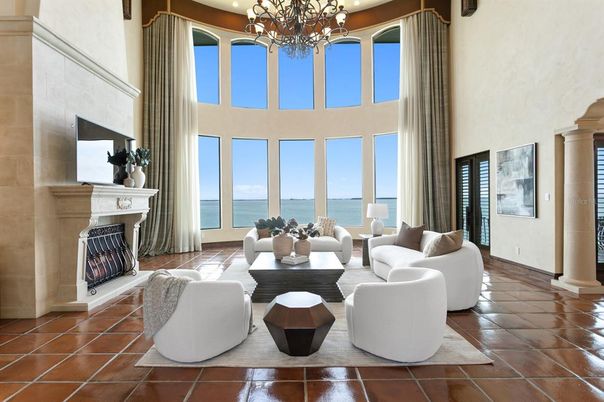 Chandelier, Fireplace, Interior, Living room, Recessed Lighting, Water